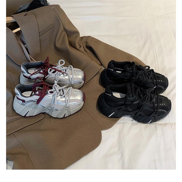 Sheepskin version~ fashionable mesh splicing thick-soled heightening sports and leisure shoes dad shoes women's new leather muffin shoes