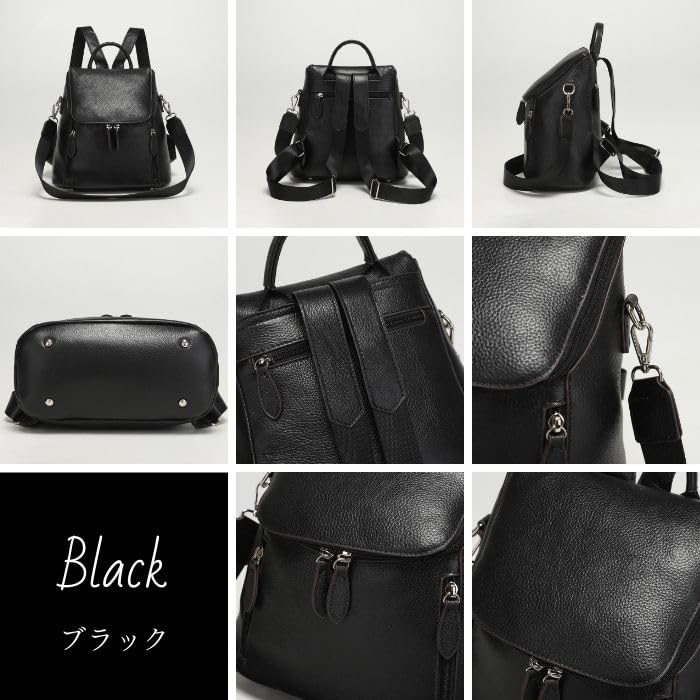 QUAY 3-Wege Leder Rucksack, Echtes Leder, Großes Fassungsvermögen, Damen, mit Schultergurt, 99481 (Schwarz)