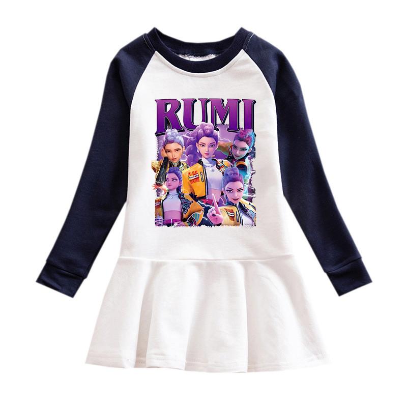 Mädchen Kpop Rumi Zoey Mira Hunters Print Langarm Falten Netz Kleid