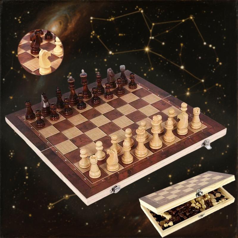 3In 1 Portable Travel Chess Checker Backgammon, Folding Storage Wooden Chess Set, International Checkers Board Game Kids Adults Set