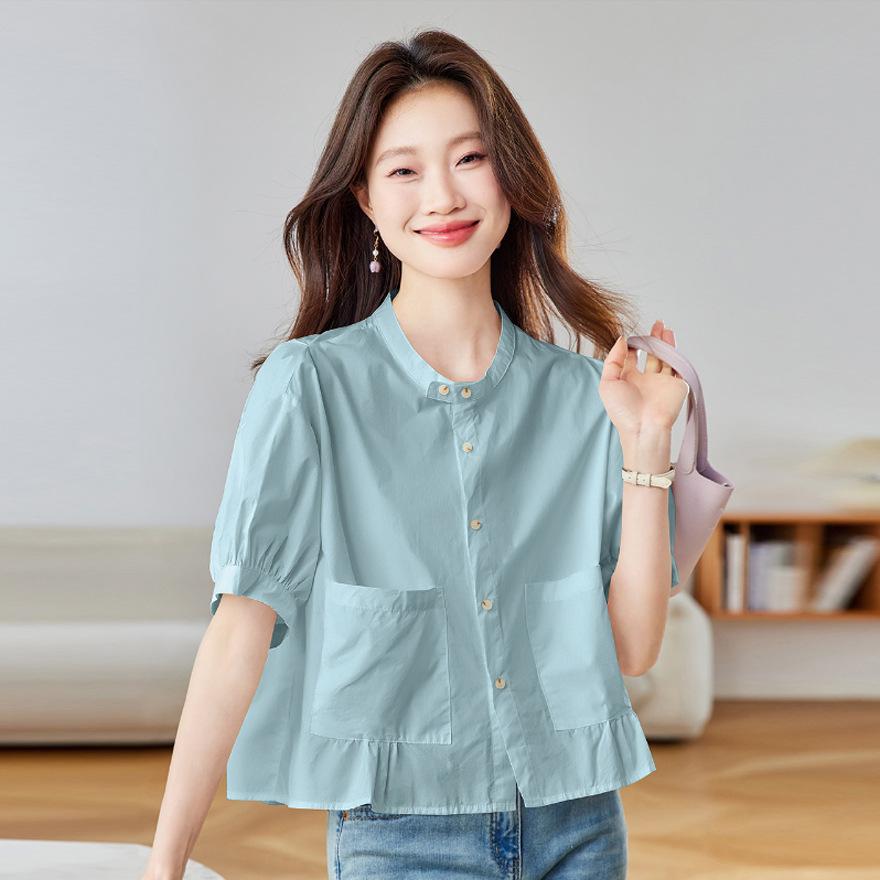 Pure Cotton Shirt Women's Summer Thin Short-sleeved New Loose Short Shirt Bubble Sleeve Top