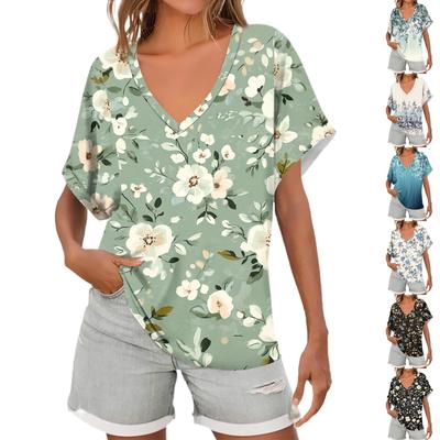 Damen Kurzarm V-Ausschnitt Shirts Blumendruck Locker Lässig Basic Tees Sommer Tops