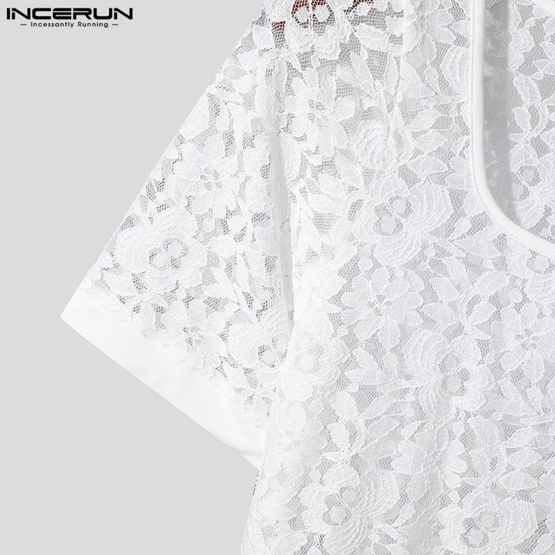 INCERUN Letní pánské tričko s krátkým rukávem a čtvercovým výstřihem, krajkové, květinové, na párty, do klubu, vypasované