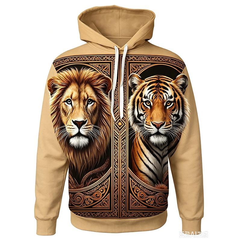 Casual Long Sleeve Hoodie for Men Featuring a 3D Design of a Sacred Lion And a Young Lion, Complete with a Pocket. Spring and Autumn