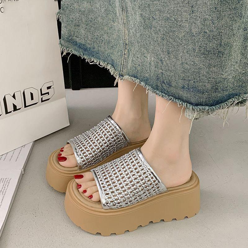 Thick Bottom Heightened Slope Heel Birkencool Slippers Women's Summer Wear 2025 New Model with Skirt Mesh Hollow One-word Drag