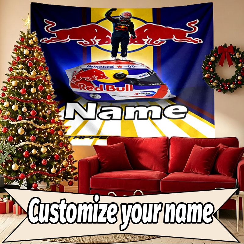 Custom Name Personalized Red Bull Racing Print Tapestry, Wall Art Decor, Bedroom, Dorm, Apartment, LivingRoom, Party Backdrop, Gift for Birthday