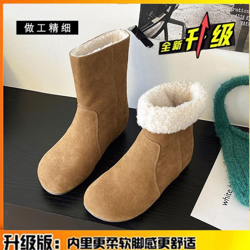 Inner Height Increase Cm Retro Round Head Snow Boots, Plush Warm Fluffy Cotton Boots, Two Wear Flat Leather Short Boots