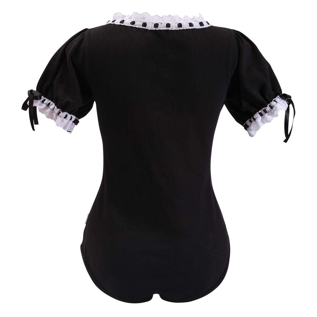 [LittleForBig] Adult Lolita Romper with Ribbon Bow and Lace, Front-Opening Cotton Pajamas, Black, Size S