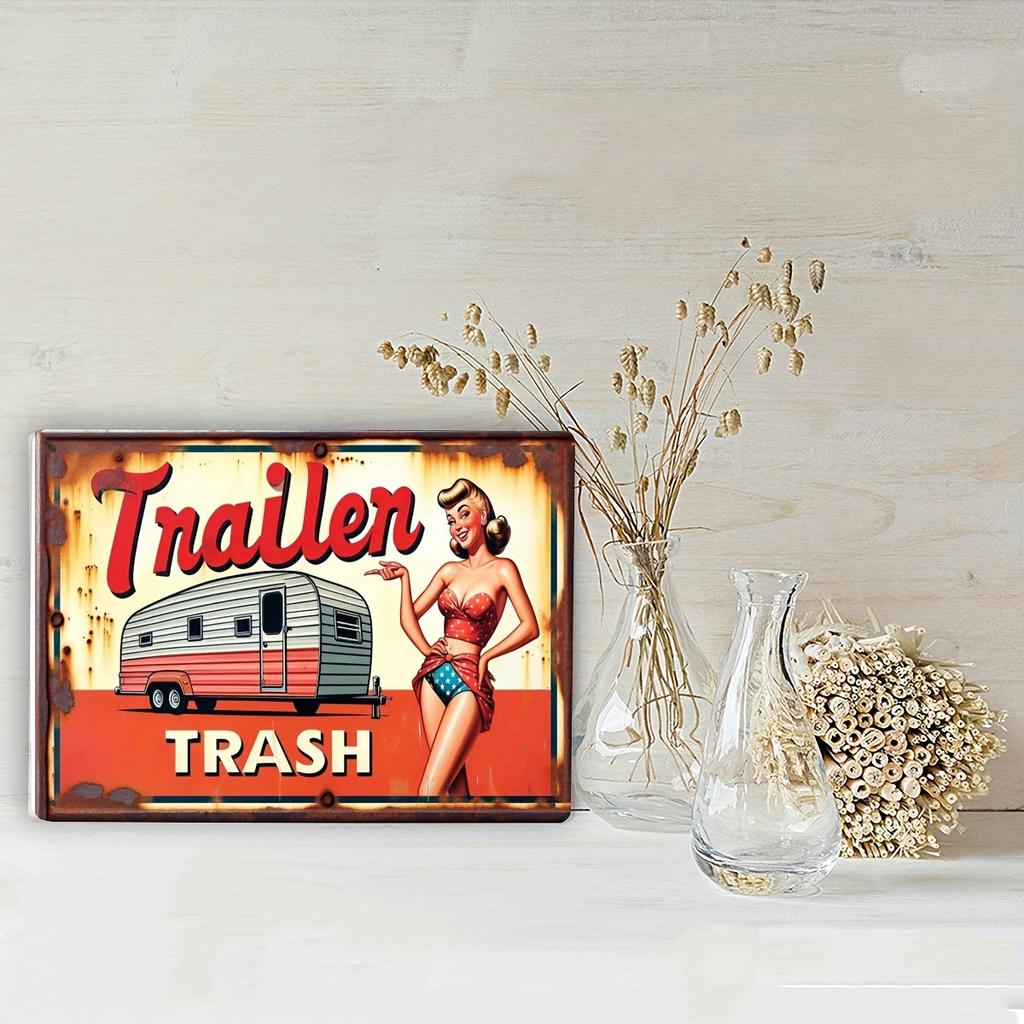Vintage Trailer & Spice Girl Metal Tin Wall Art Sign - Retro Wall Decor with Pin-Up Girl & Classic Bus Design, Bar Decoration