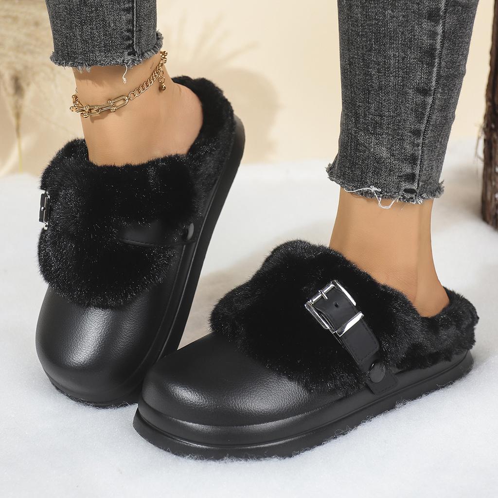 Mode Metalen Gesp Furry Muiltjes Pantoffels Dames 2025 Winter Eva Pluizig Bont Binnenpantoffels Comfort Dikke Zool Antislip Huis Slides