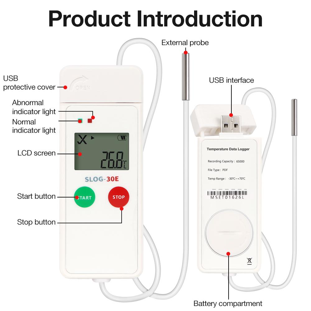 LCD Display USB Temp Data Logger 65000 Sets Datalogger PDF Report -30~70℃ Temperature Recorder for Food Medicine Cold Chain