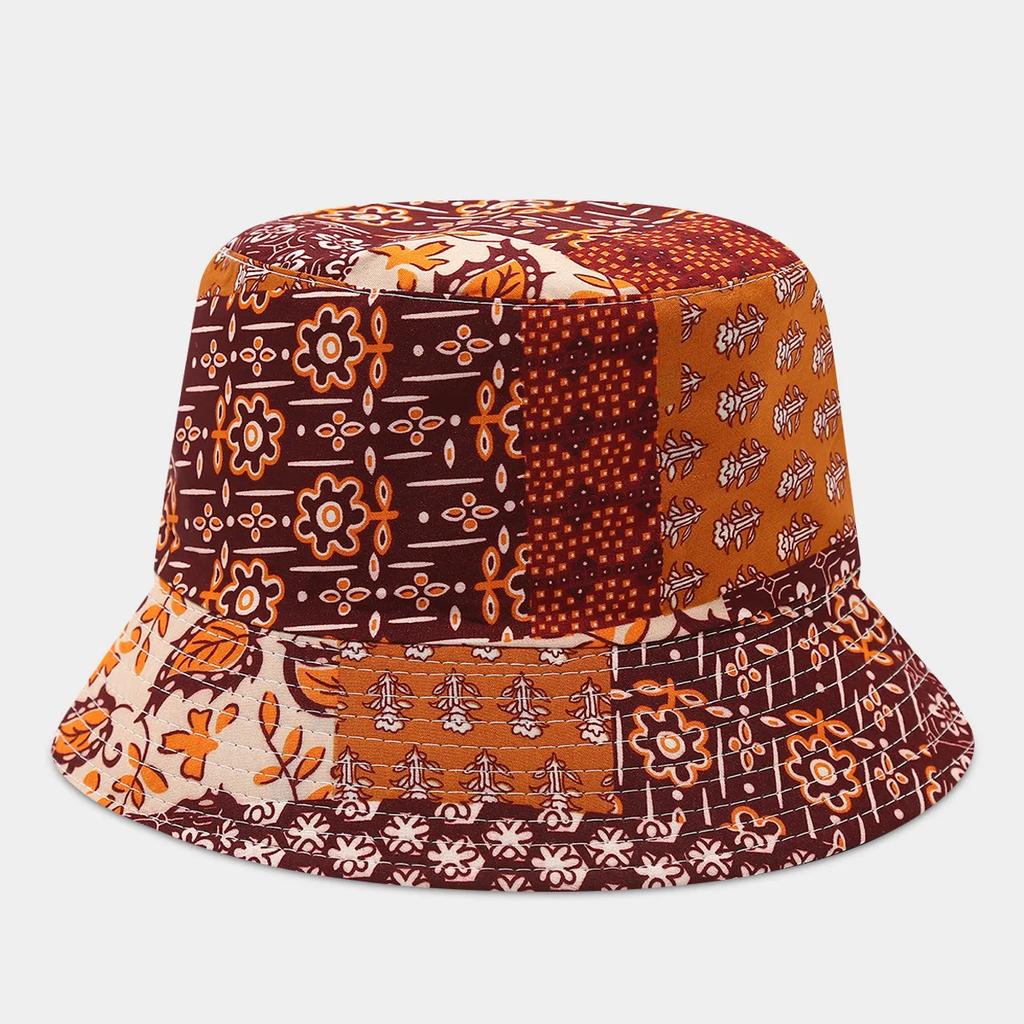 Boho style flower print double side sunscreen fisherman hat women fashionable outdoor sunshade retro sun beach bucket hat