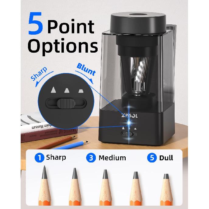 Zmol Full Automatic Electric Pencil Sharpener for Colored Pencils,Auto in & Out, Rechargeable Hands-Free,Heavy Duty Pencil Sharpeners for Classroom,