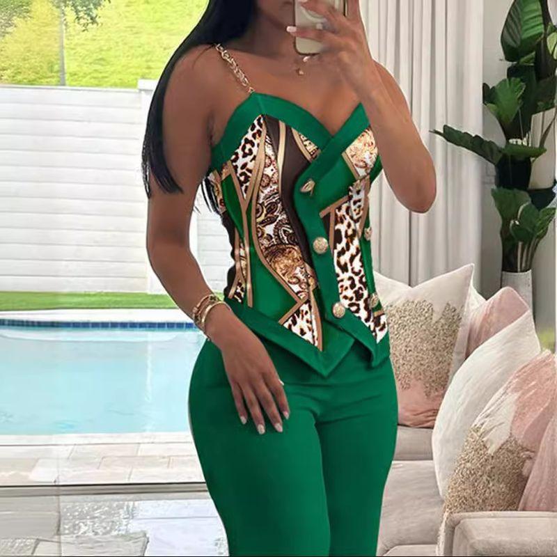 

Elegant Temperament Suit Fashion Set Women Slim fit Slimming Contrast Color Double Breasted Sling Trousers Green M