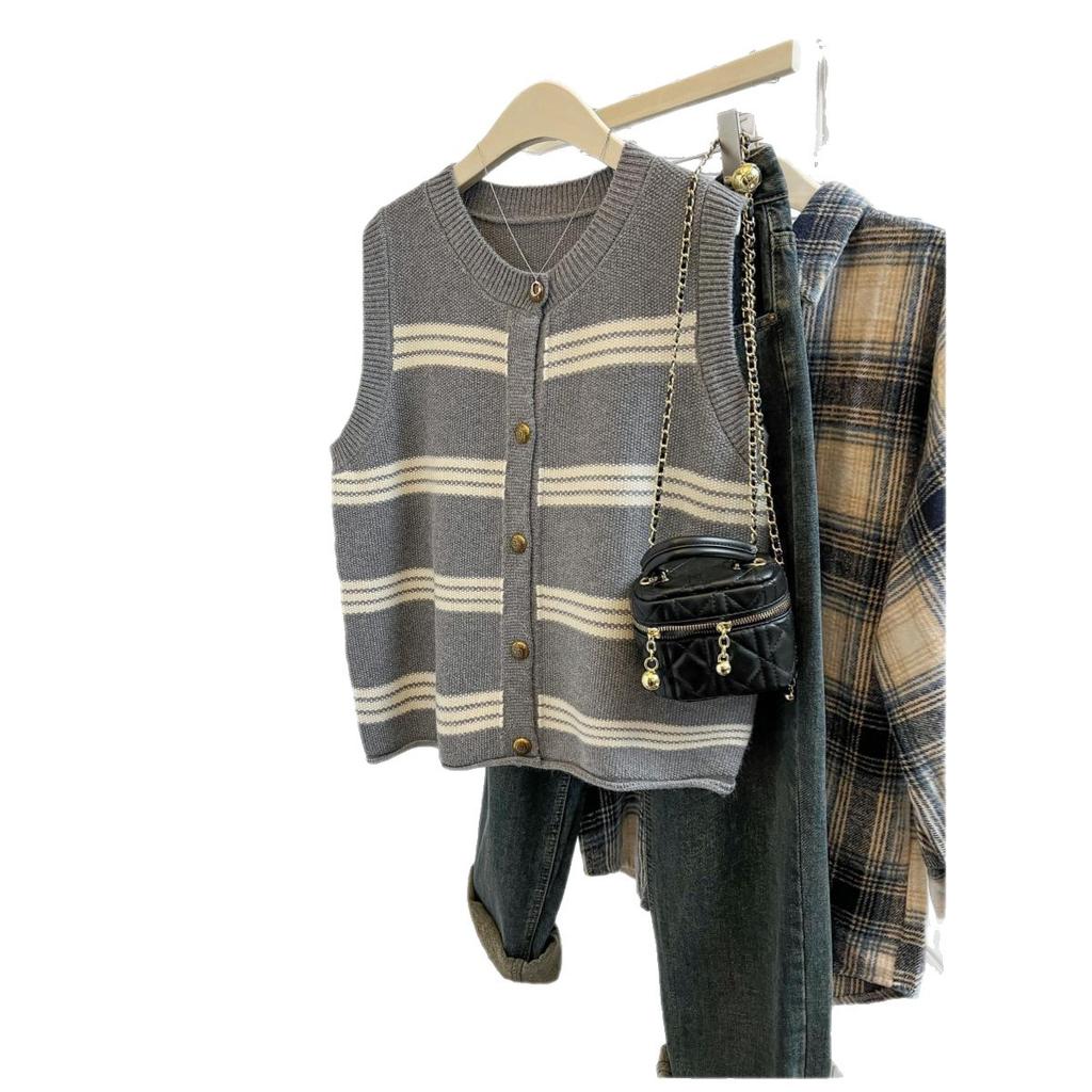 Striped Knitted Cardigan Vest Women's Spring and Autumn Loose Outer Wear Stacked Shirt Vest Sweater Vest Top