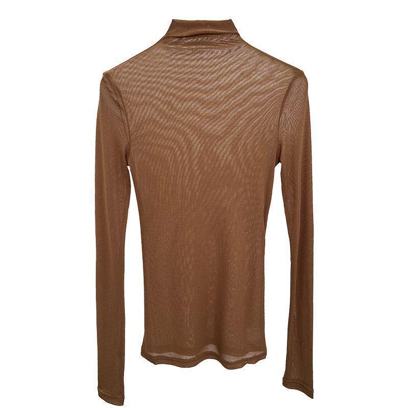 Women's Black Sheer Mesh Half-High Collar Long Sleeve Lace Top for Spring & Summer