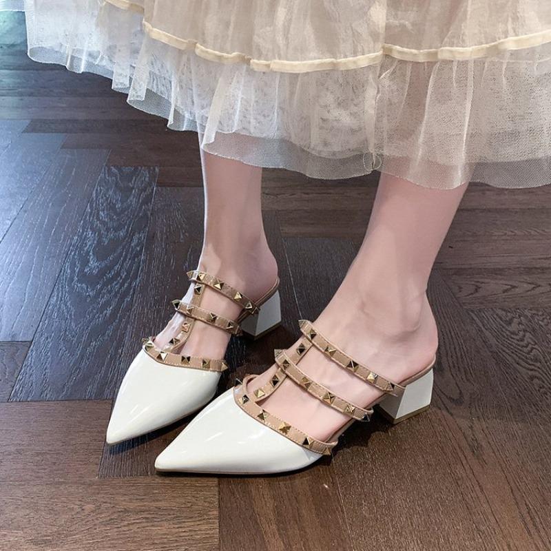 Fashion Women Leather Med Heels Shoes Electroplated Gold Stable Slides Pointy Toe Rivets Stud  Slippers Fashionable