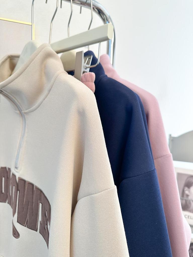 Women's Pink Retro Half-Zip Sweatshirt - Spring Thin, Oversized Streetwear with Stand-Up Collar