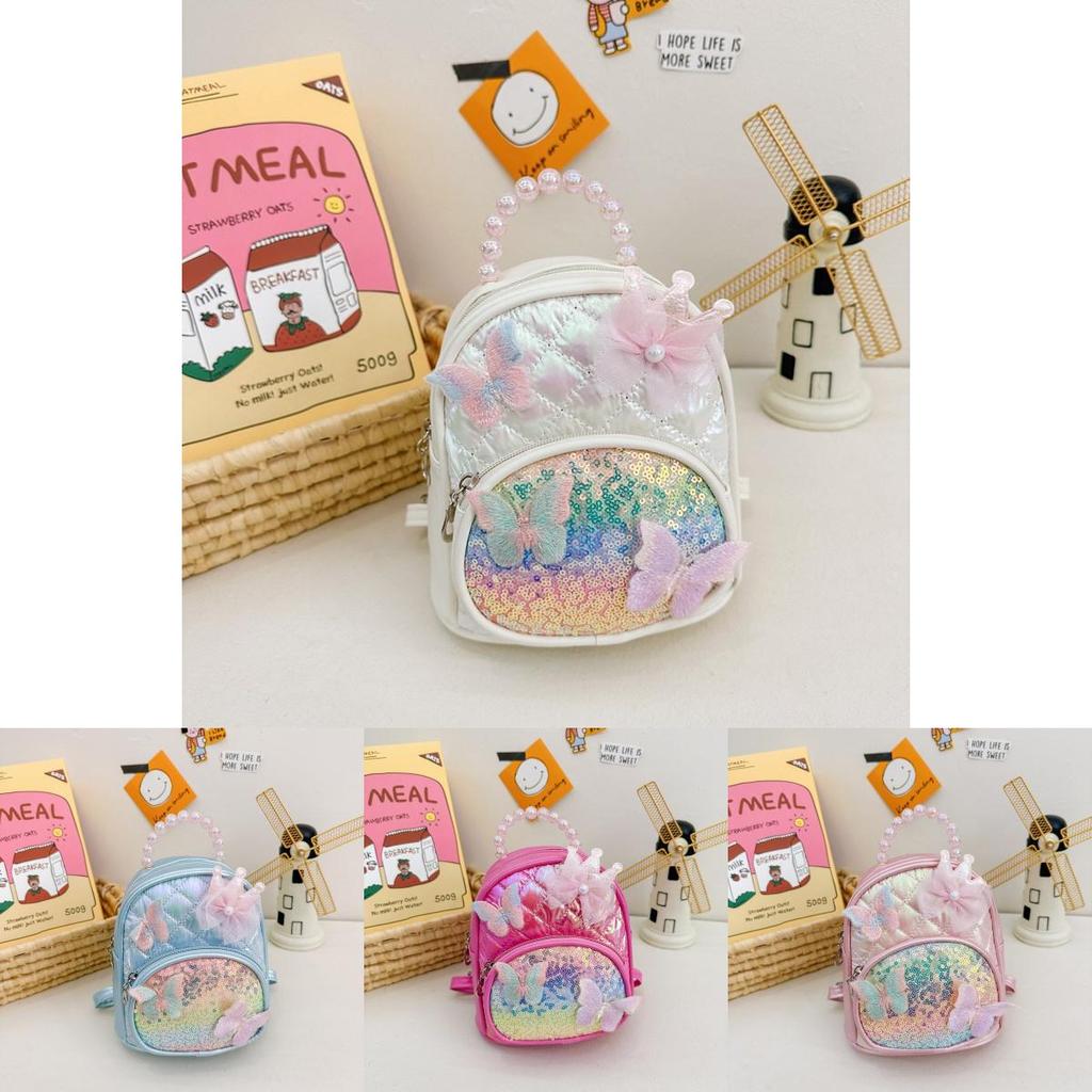 Kids Fashionable Sequin Backpack With Lace Bow And Butterfly Decor For School And Travel