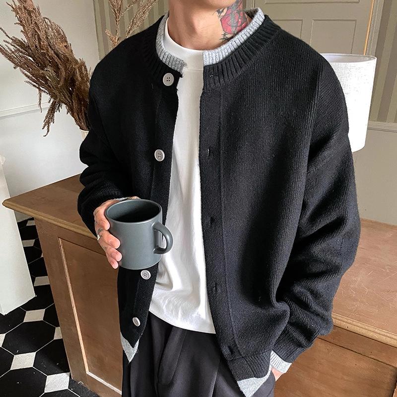 

2025 Autumn/Winter Men s Old Money Style Button-Up Cardigan Sweater, Two-Piece Look Knitwear 3XL чорний