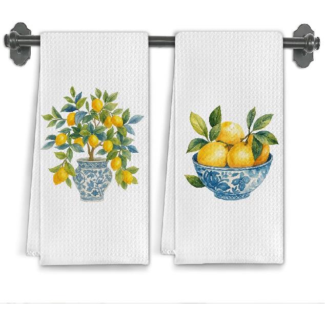 Italian Mediterranean Lemons Kitchen Towels, Capri Amalfi Coast Lemon Party Decorative Dish Tea Hand Towels for Kitchen Bathroom Decor,16x24 Inch Set
