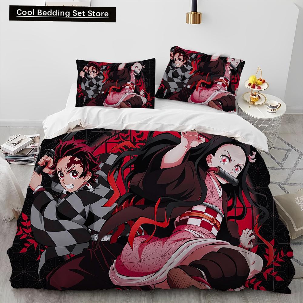 Demon Slayer Bedding Set Kamado Nezuko Duvet Cover Set Bedspread Pillowcase King Queen Full Single Size Bed Linen Kids Teen Gift
