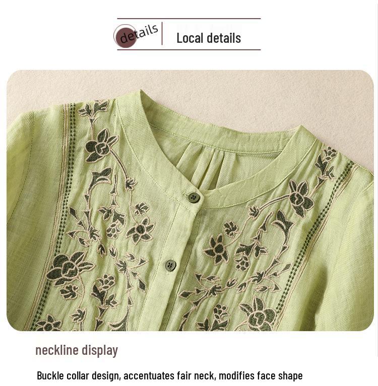 2025 Women's Retro Linen Shirt: Elegant Stand Collar, Single-Breasted, Embroidered Design