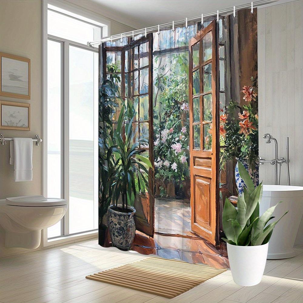 Rustic Garden Door Waterproof Shower Curtain for Bathroom Decor, Bringing Nature's Charm with Blooming Flowers and Lush Greenery
