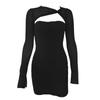 Women Mesh Long Sleeve Sexy Cut Out Bodycon Ruched Short Dress Twisted Knot Front Solid Color Nightclub Party Dresses