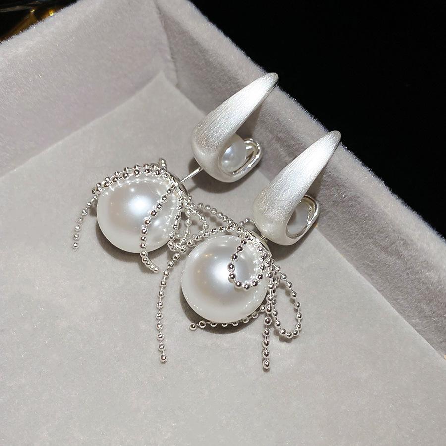 Серьги-пусеты с квадратным бантом и жемчугом  Серебряная игла , французский ретро, элегантные, с темпераментом