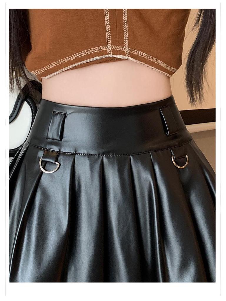 Women's High-Waist Silver Pleated A-Line Skirt with Built-In Shorts - Petite Fit, Leather, Autumn Style