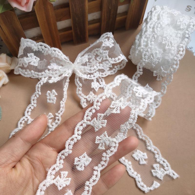 Beige 4cm Embroidered Lace Trim Bow for Hair Accessories, Lolita Ornaments, Bouquet Decoration, Ribbon Craft.