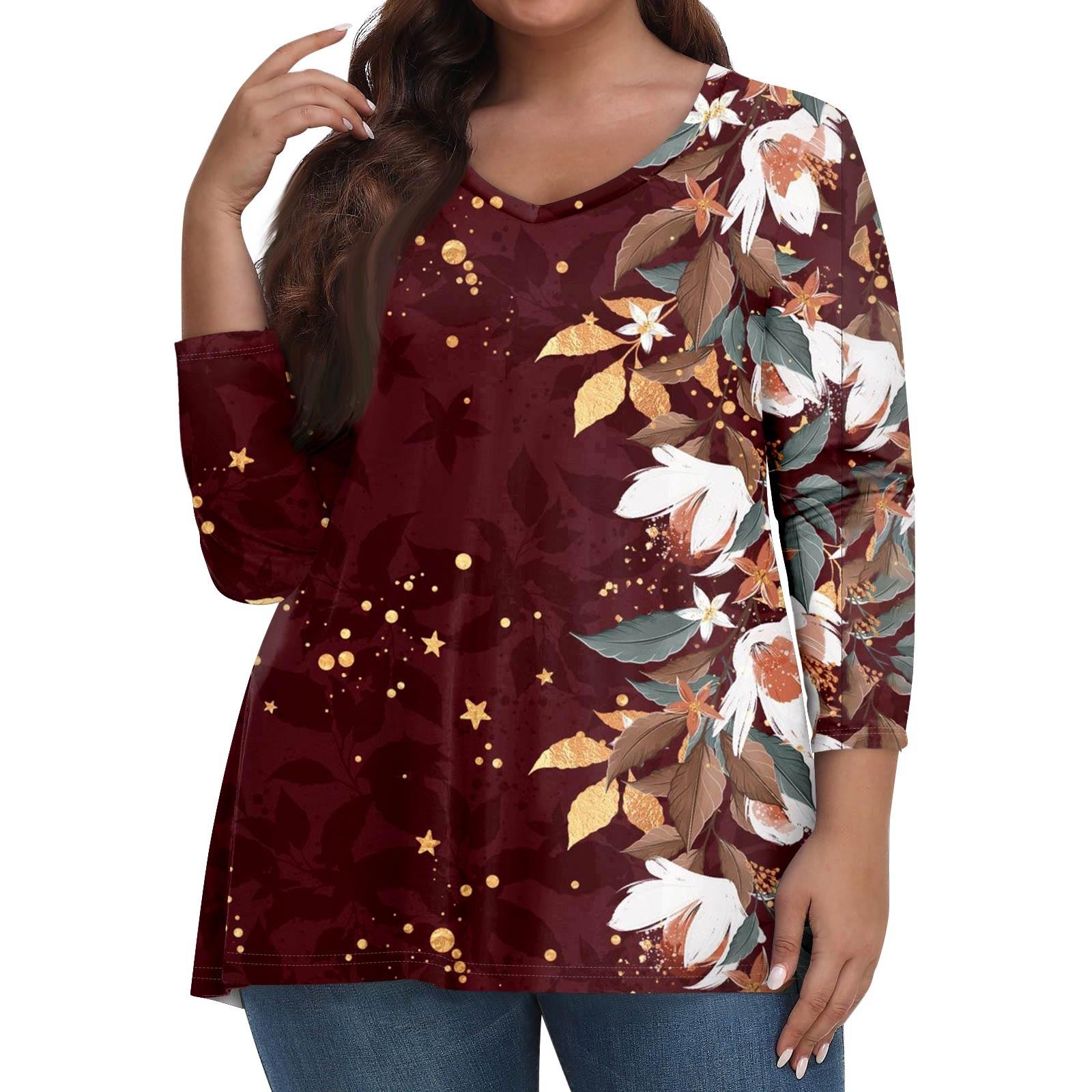 

Женские топы больших размеров, рубашки с рукавами 3/4, повседневная одежда с V-образным вырезом, топы с принтами XXXXL винный