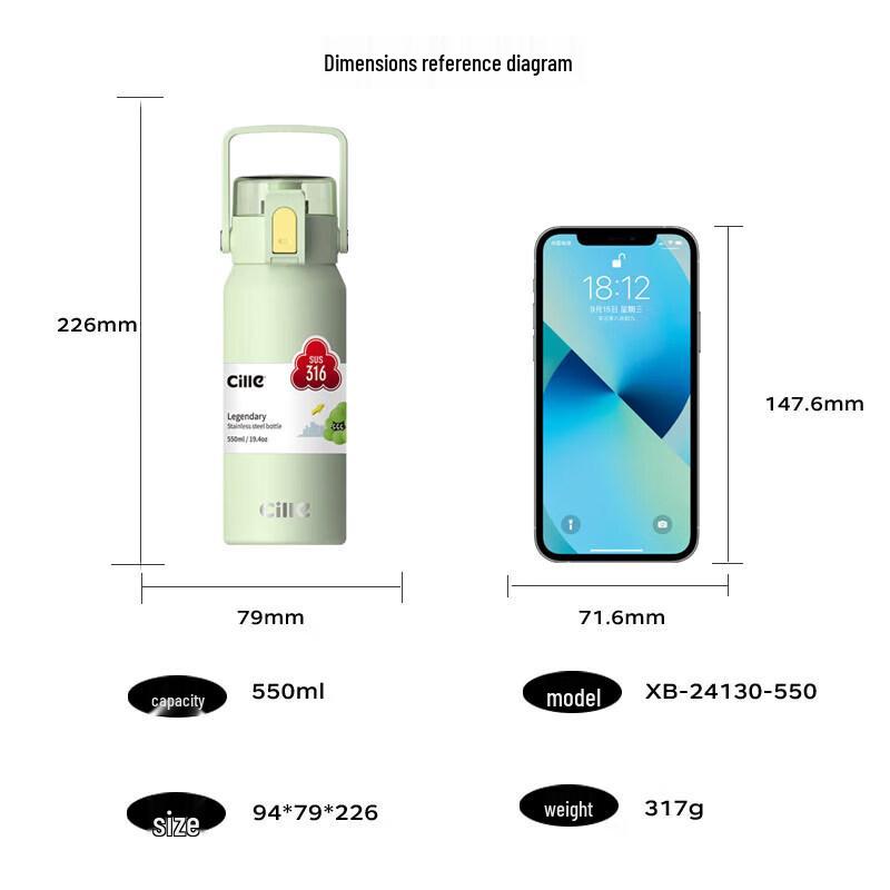 Cille 550ml Stainless Steel Thermos Bottle with Pop-up Lid