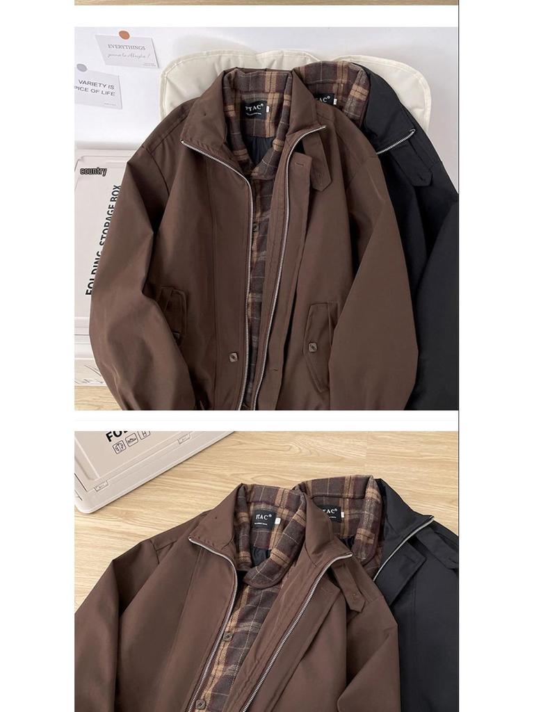 Men's Retro Plaid Patchwork Harrington Jacket - Two-Piece Layered Silhouette