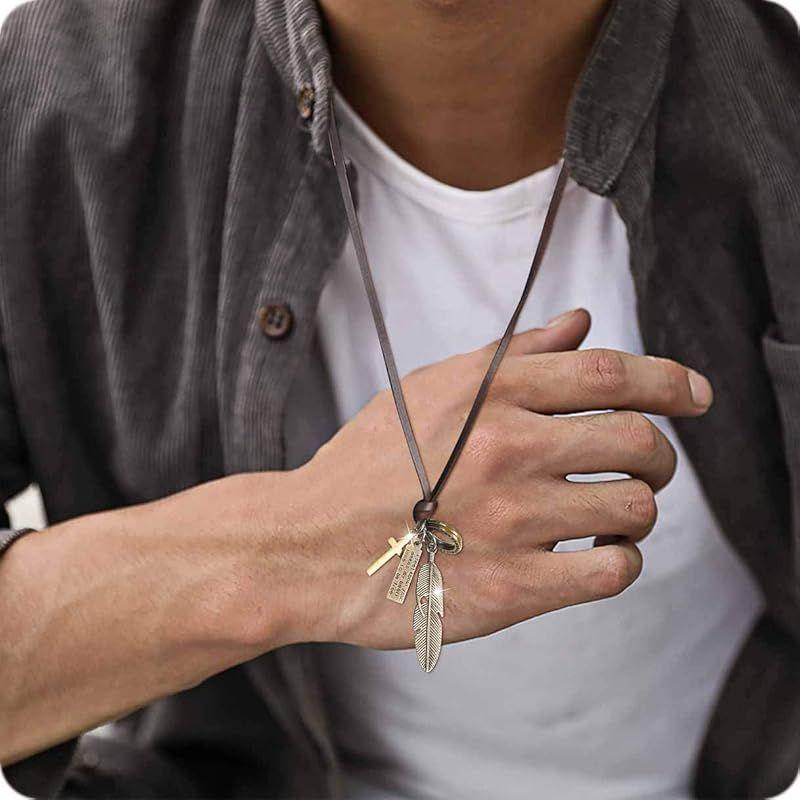 Used [Richapex] Leather Necklace Feather Antique Vintage Silver Cross Cross Genuine Leather Strap Accessory Plate Engraved Men's Women's Wing Wing