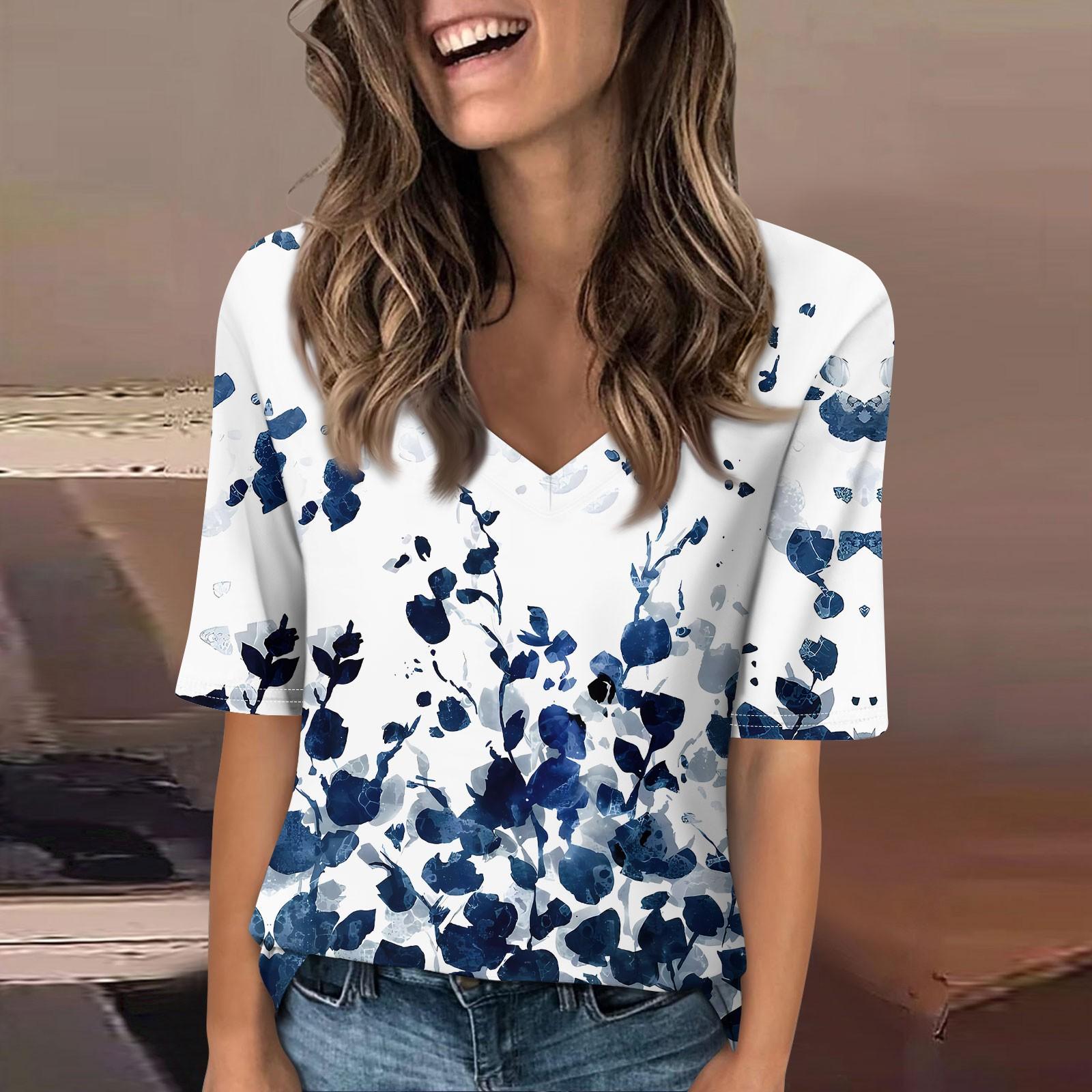 

Рубашки для женщин, модные футболки с v-образным вырезом, повседневные летние футболки с принтом, футболка, блузка, топы с короткими рукавами для женщин S синий
