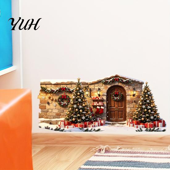Festive Window Decals Christmas Snow House Wall Sticker, Removable Self-Adhesive Party Scene Decal, PVC Waterproof Decorative Decal for Holiday