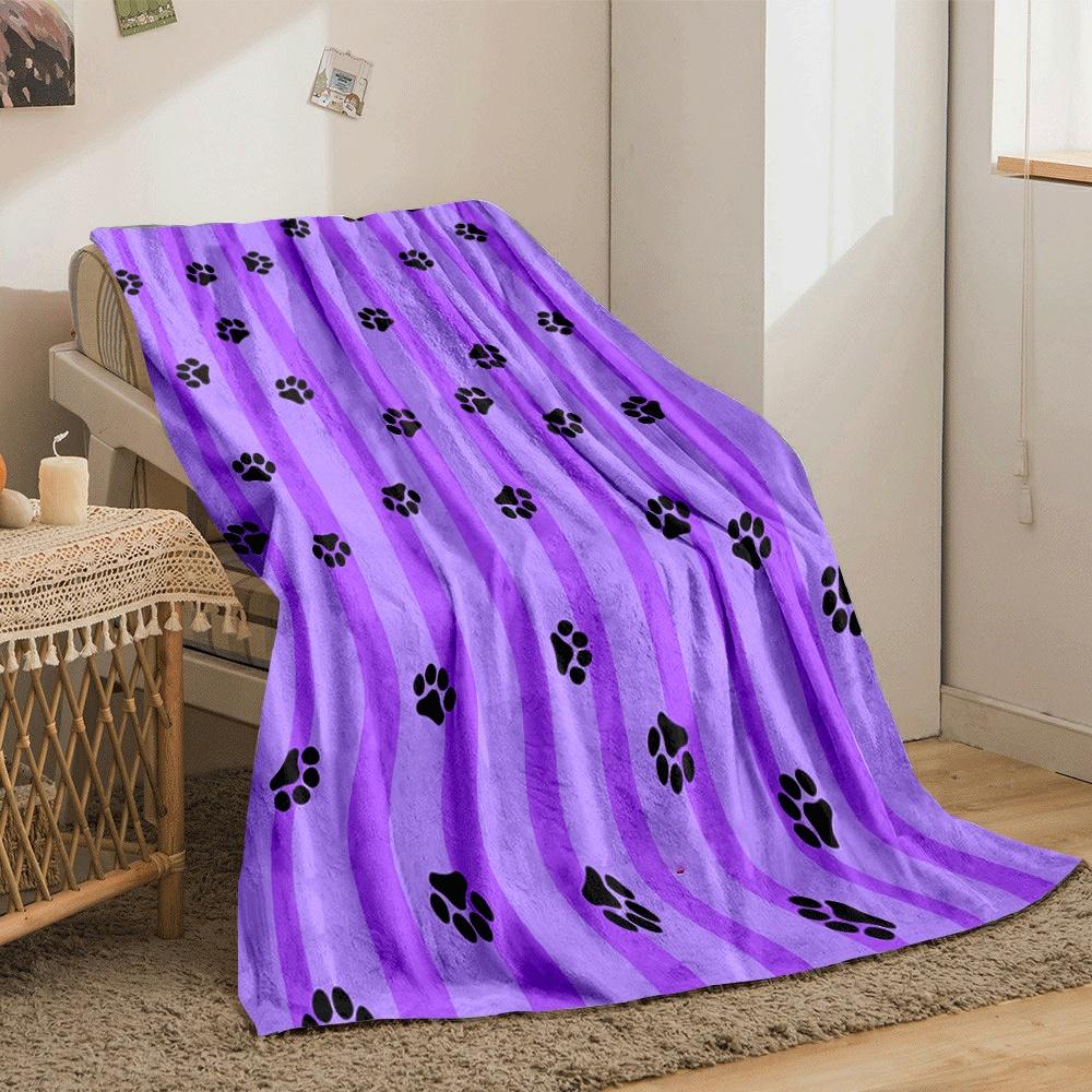 Purple Vertical Stripes with Scattered Black Paw Prints. for All Seasons Blanket Lunch Break Throw Gift