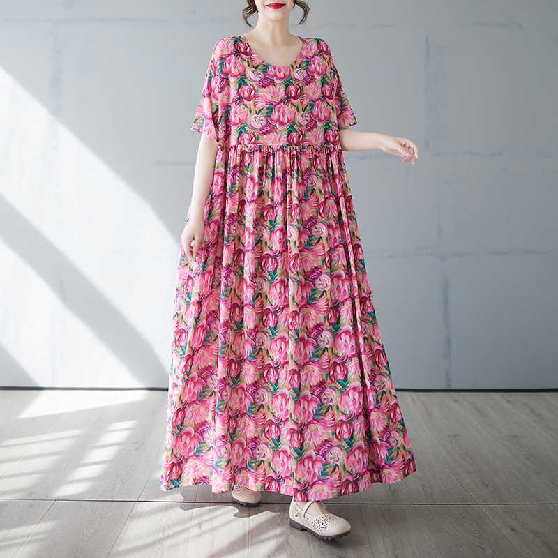 Women's Simple and Fashionable Long Skirt Summer Short Sleeved Round Neck Printed Dress