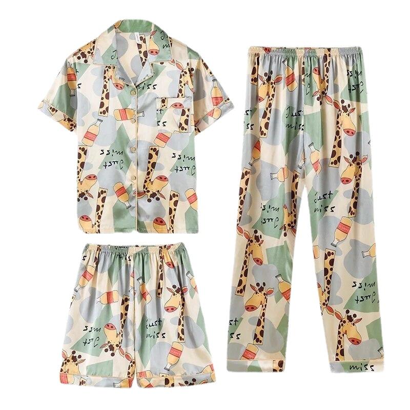 Set de pijamale pentru bărbați din mătase, vară, toamnă, 3 piese, pantaloni scurți cu mânecă scurtă, îmbrăcăminte supradimensionată pentru acasă, guler cu rever, pijamale pentru bărbați