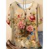 Freizeiturlaub bequemer eleganter Stil Malerei Blumenelemente 3D-Druckmuster Damen Rundhals Kurzarm T-Shirt