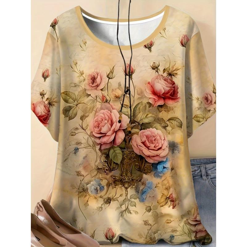 Leisure vacation comfortable elegant style painting flower elements 3D printing pattern women s round neck short sleeved T-shirt S