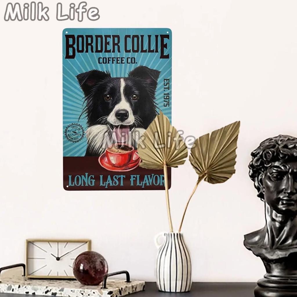 Metal Tin Sign Vintage Funny Border Collie Dog for Coffee Bathroom Toilet Pet Shop Home Sweet Home Sign Bedroom Art Wall Decor