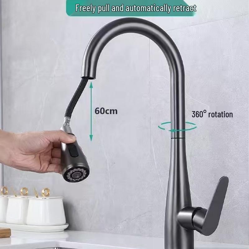 Stainless Steel Telescopic Swan Neck Faucet, Universal Rotation, Hot/Cold Compatible.