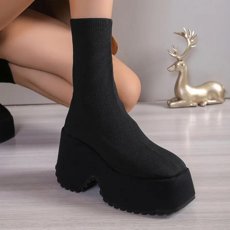2024 Kadın Ayakkabıları Mesh Mid-Calf Kadın Botları Platform Modern Botlar Kadın Yuvarlak Burunlu Yüksek Topuklu Ayakkabılar Giyilebilir Büyük Beden Bayan Ayakkabıları