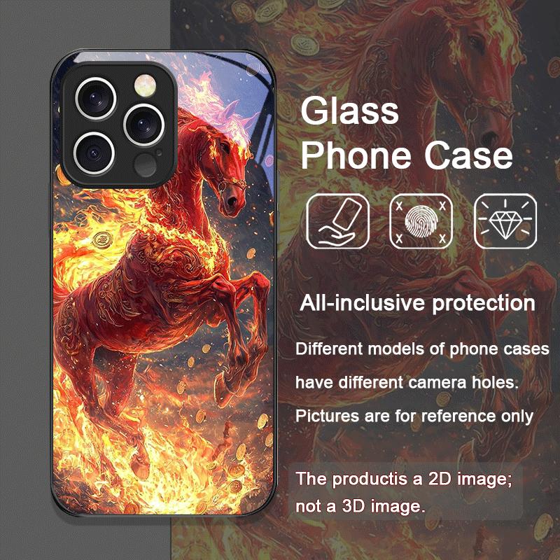 Stilvolle Rote Pferdedruck-Handyhülle aus gehärtetem Glas im chinesischen Stil für iPhone 17 16 Pro Max 15 14 13 12 Mini 11 X XS 7 8 Plus Hülle