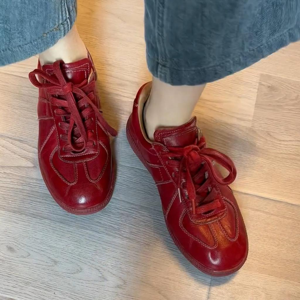 Sheepskin Version~ Retro Temperament Leather Soft-soled Women's Board Shoes Lace-up Red Lace-up Casual Sports Shoes