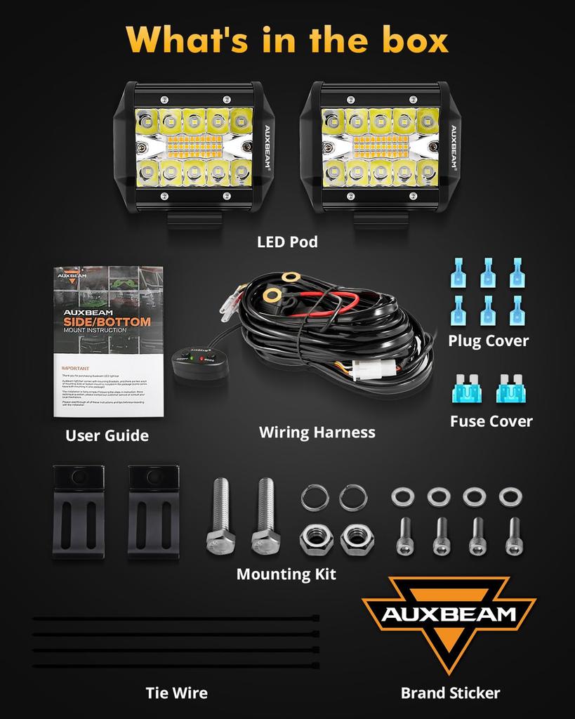 Auxbeam White Amber Strobe Lights 4" 120W LED Pod Light Bar 6 Modes Dual