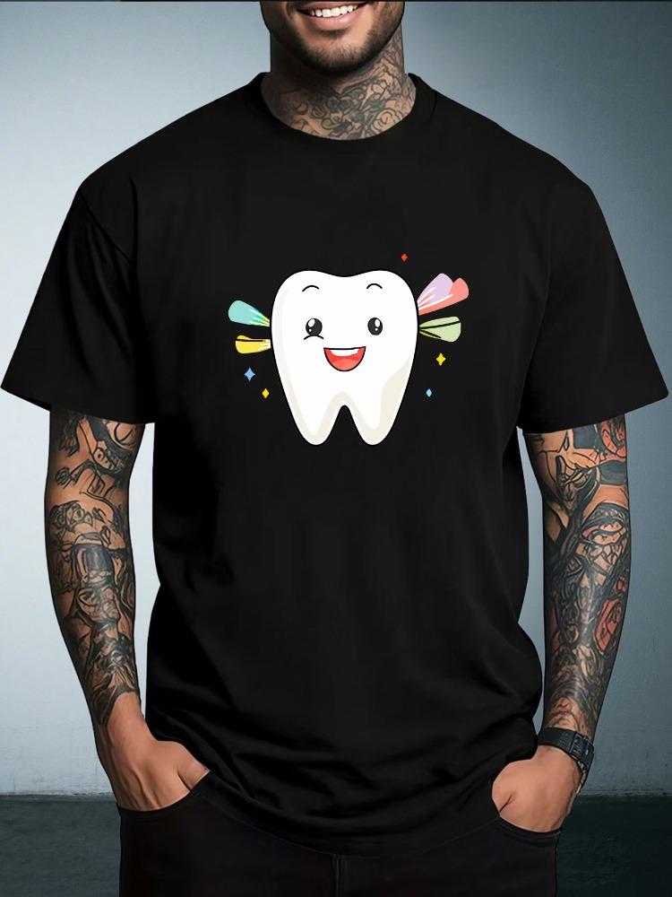 Unisex Summer White Short Sleeve Tee Cartoon Smiling Tooth Color Sparkle Graphic Print Crew Neck Loose Male Casual Streetwear Tops